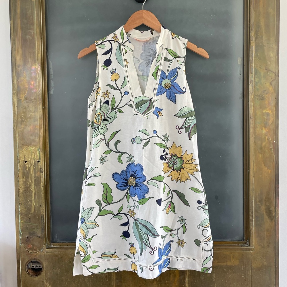 Tory Burch Floral Linen Blend Sleeveless Shift Dress with pockets XS